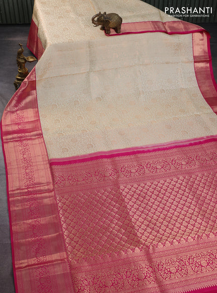 Pure kanchipuram silk saree cream and pink with allover zari woven floral brocade weaves and rich zari woven border