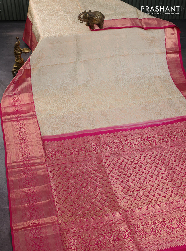 Pure kanchipuram silk saree cream and pink with allover zari woven floral brocade weaves and rich zari woven border