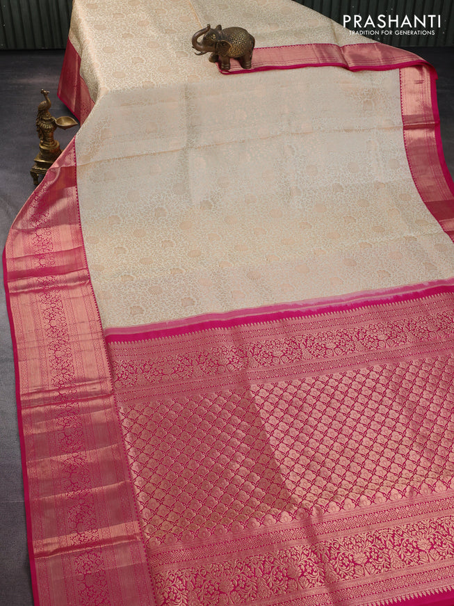 Pure kanchipuram silk saree cream and pink with allover zari woven floral brocade weaves and rich zari woven border