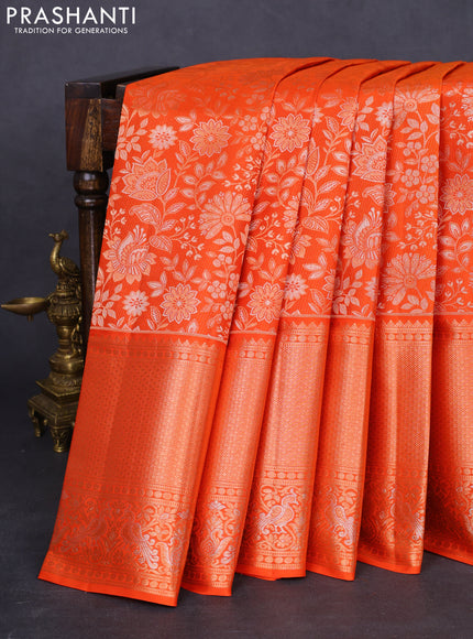 Pure kanchipuram silk saree orange with allover zari woven floral brocade weaves and rich zari woven border