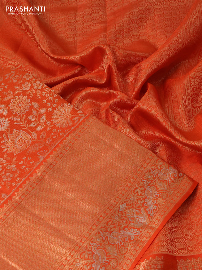 Pure kanchipuram silk saree orange with allover zari woven floral brocade weaves and rich zari woven border