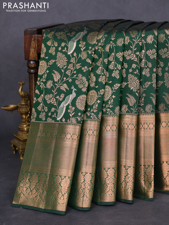 Pure kanchipuram silk saree bottle green with allover zari woven brocade weaves and long copper zari woven border