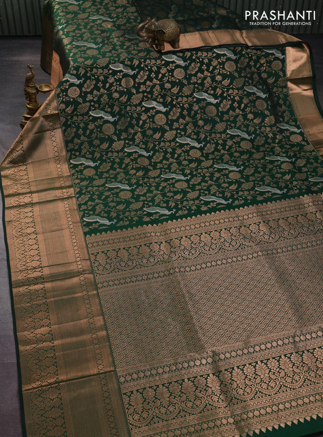 Pure kanchipuram silk saree bottle green with allover zari woven brocade weaves and long copper zari woven border