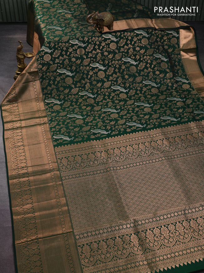 Pure kanchipuram silk saree bottle green with allover zari woven brocade weaves and long copper zari woven border