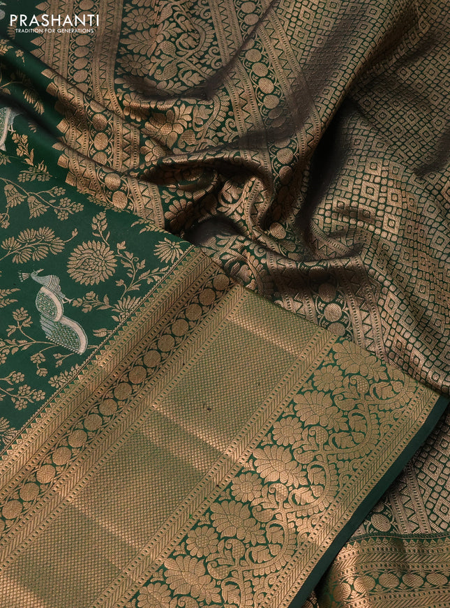 Pure kanchipuram silk saree bottle green with allover zari woven brocade weaves and long copper zari woven border