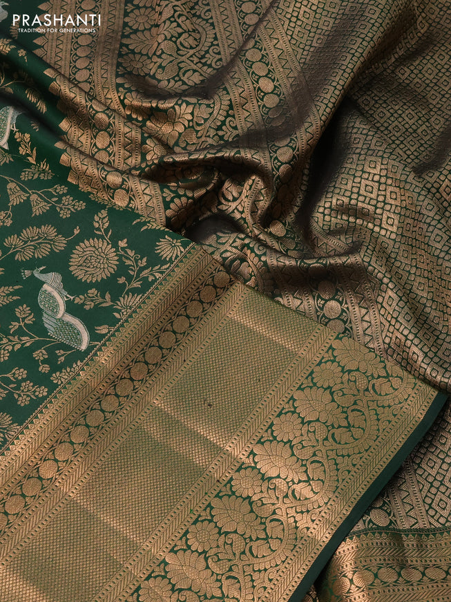 Pure kanchipuram silk saree bottle green with allover zari woven brocade weaves and long copper zari woven border