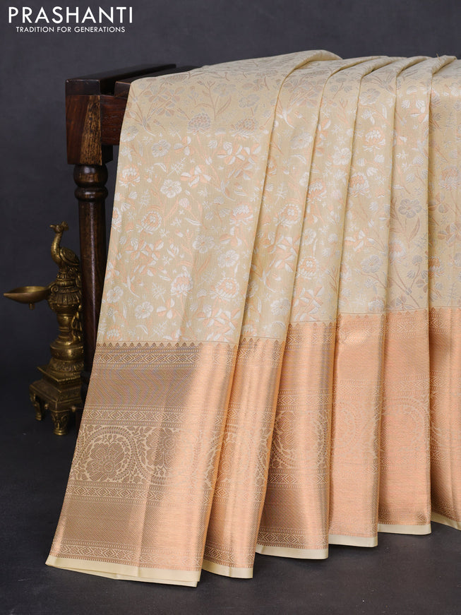 Pure kanchipuram silk saree cream with allover silver & gold zari woven floral brocade weaves and rich copper zari woven border