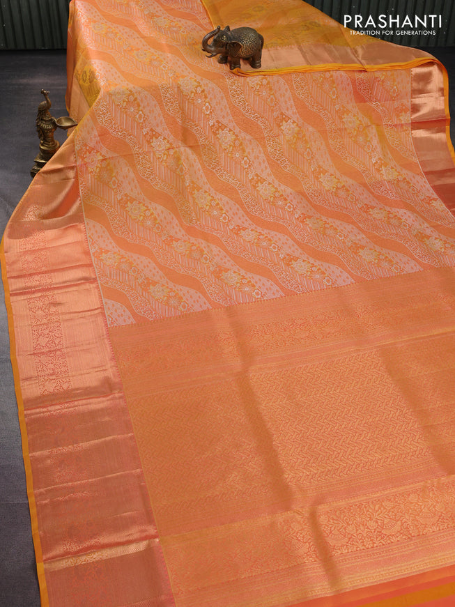 Pure kanchipuram silk saree dual shade of yellow with allover zari woven brocade weaves and rich zari woven border