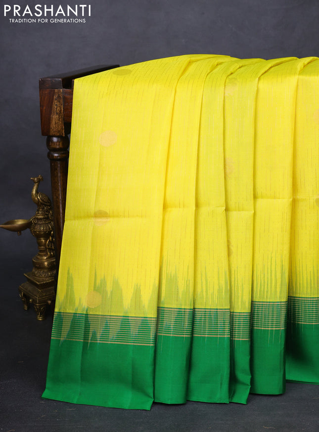 Pure soft silk saree lime yellow and green with allover zari weaves and zari woven simple border