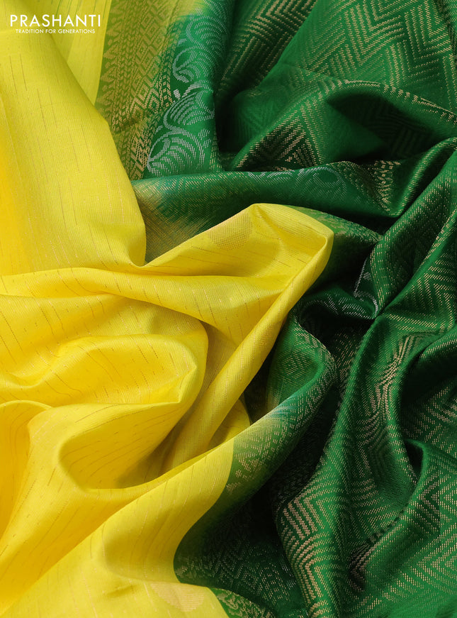 Pure soft silk saree lime yellow and green with allover zari weaves and zari woven simple border