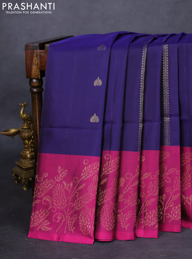Pure soft silk saree navy blue and magenta pink with zari woven buttas and rich zari woven border