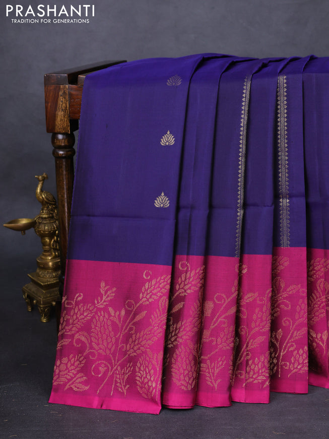 Pure soft silk saree navy blue and magenta pink with zari woven buttas and rich zari woven border