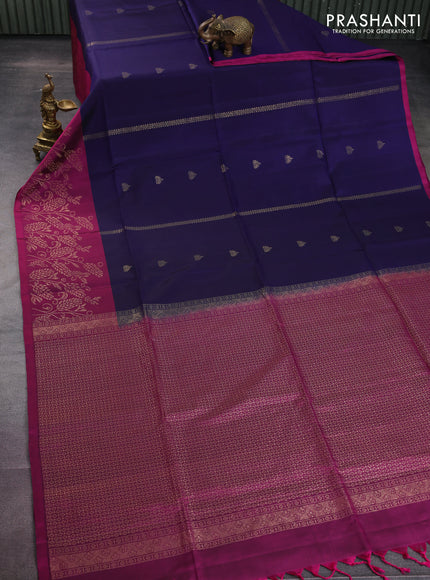 Pure soft silk saree navy blue and magenta pink with zari woven buttas and rich zari woven border