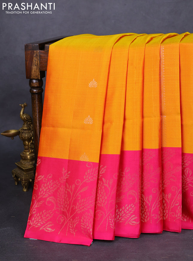 Pure soft silk saree mustard yellow and pink with zari woven buttas and rich zari woven border