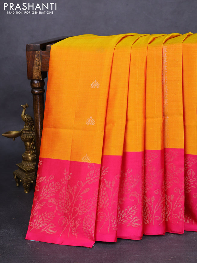 Pure soft silk saree mustard yellow and pink with zari woven buttas and rich zari woven border