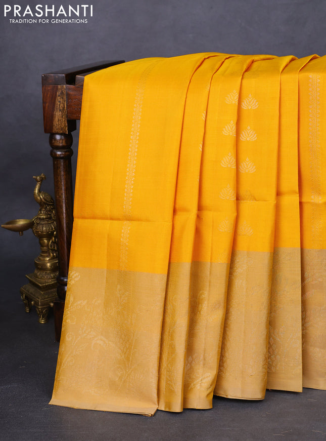 Pure soft silk saree mustard yellow and sandal with zari woven buttas and rich zari woven border
