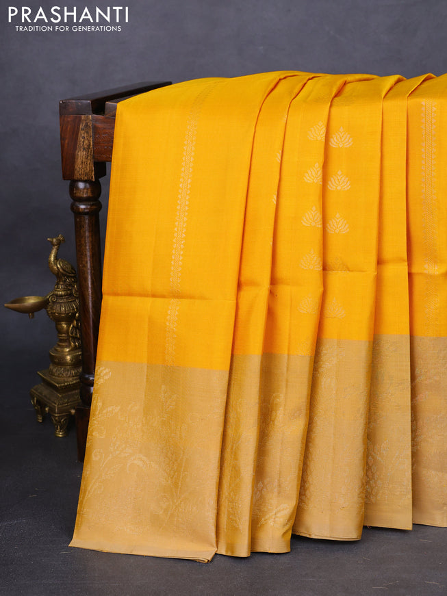 Pure soft silk saree mustard yellow and sandal with zari woven buttas and rich zari woven border