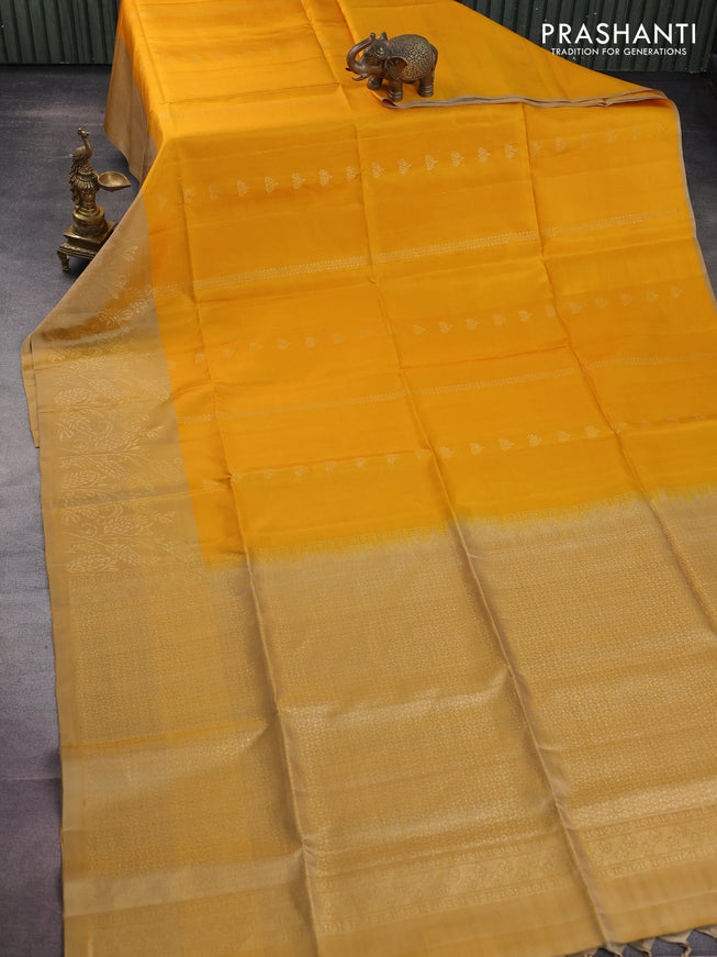 Pure soft silk saree mustard yellow and sandal with zari woven buttas and rich zari woven border