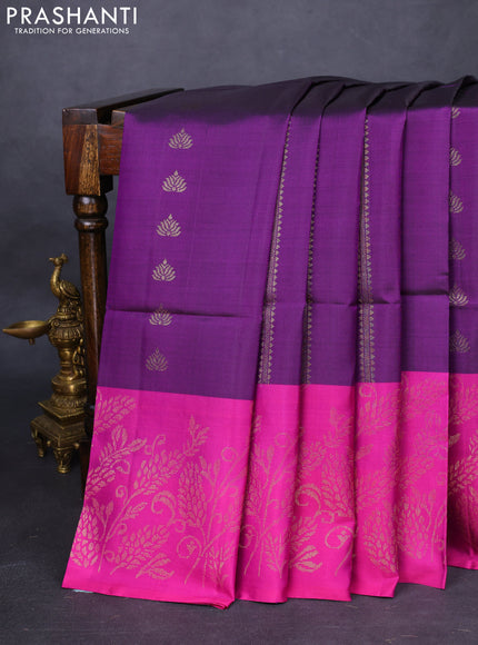 Pure soft silk saree deep violet and magenta pink with zari woven buttas and rich zari woven border