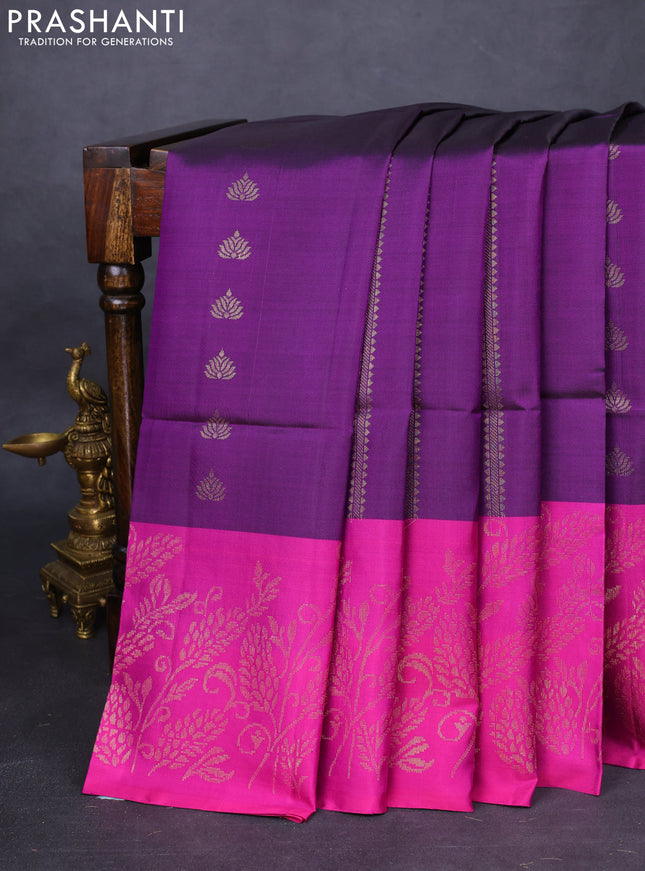 Pure soft silk saree deep violet and magenta pink with zari woven buttas and rich zari woven border