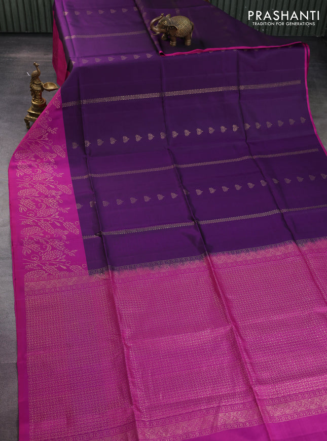 Pure soft silk saree deep violet and magenta pink with zari woven buttas and rich zari woven border