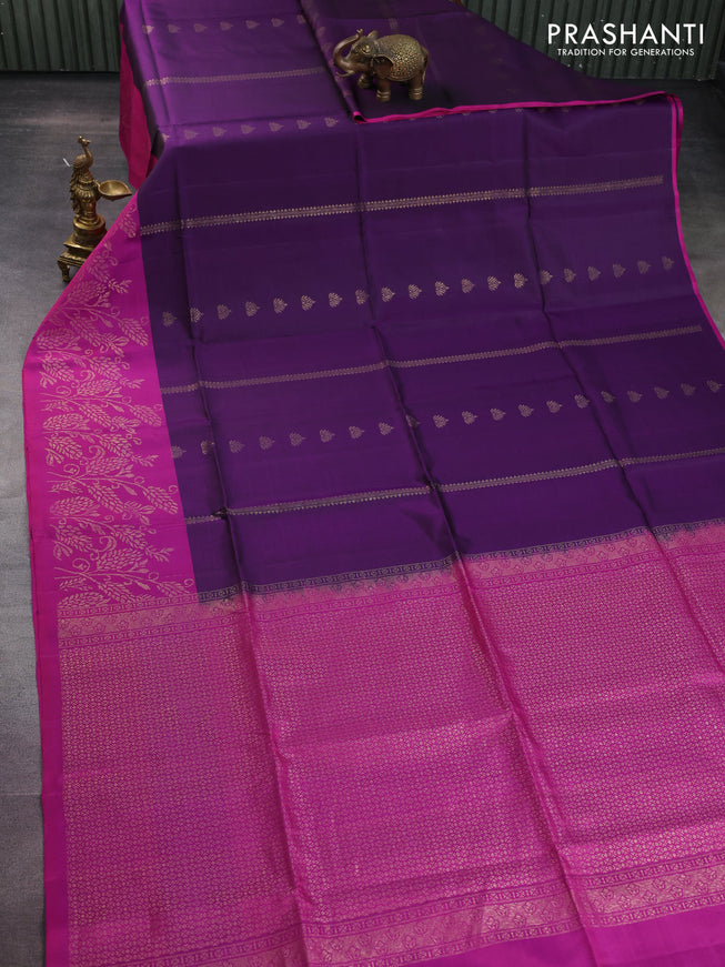 Pure soft silk saree deep violet and magenta pink with zari woven buttas and rich zari woven border