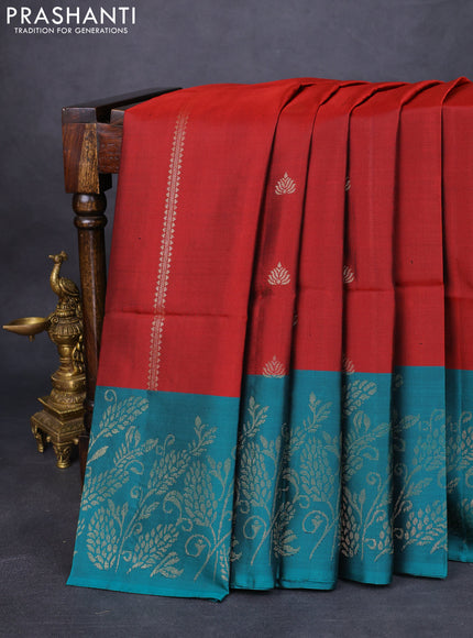 Pure soft silk saree maroon and peacock green with zari woven buttas and rich zari woven border