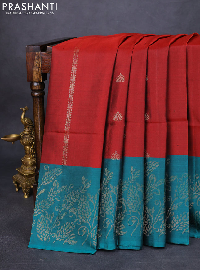 Pure soft silk saree maroon and peacock green with zari woven buttas and rich zari woven border