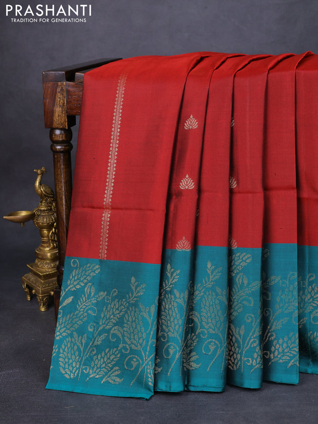 Pure soft silk saree maroon and peacock green with zari woven buttas and rich zari woven border