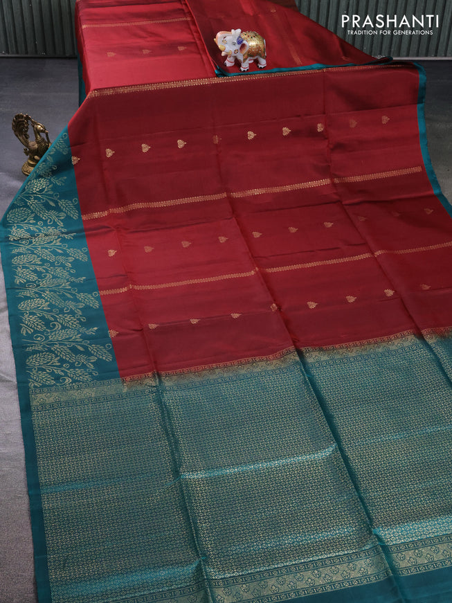 Pure soft silk saree maroon and peacock green with zari woven buttas and rich zari woven border