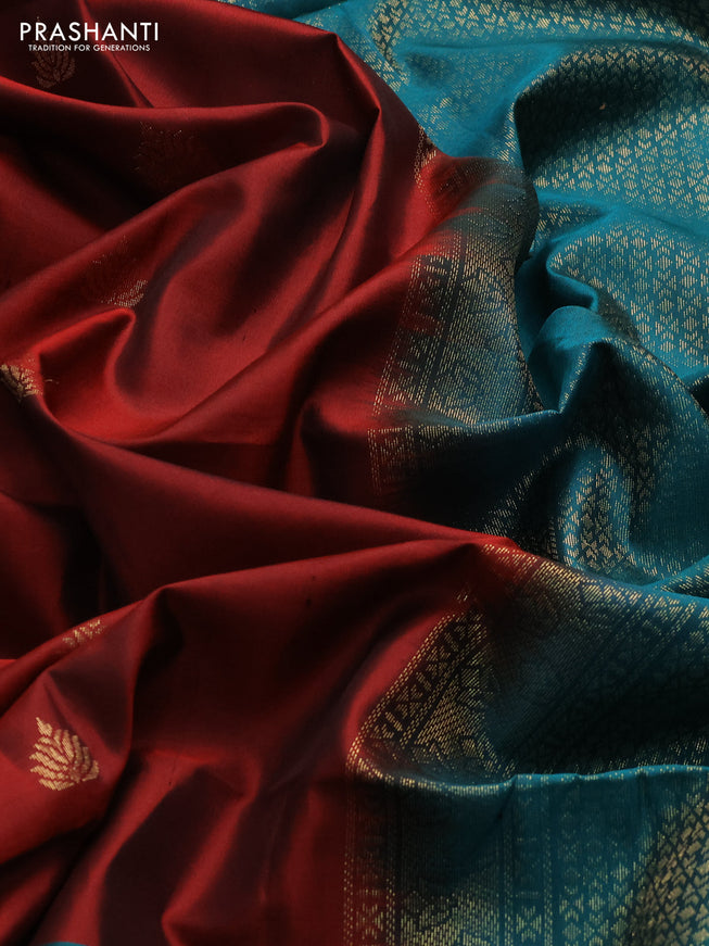 Pure soft silk saree maroon and peacock green with zari woven buttas and rich zari woven border
