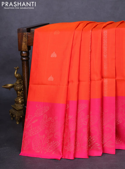 Pure soft silk saree orange and pink with zari woven buttas and rich zari woven border