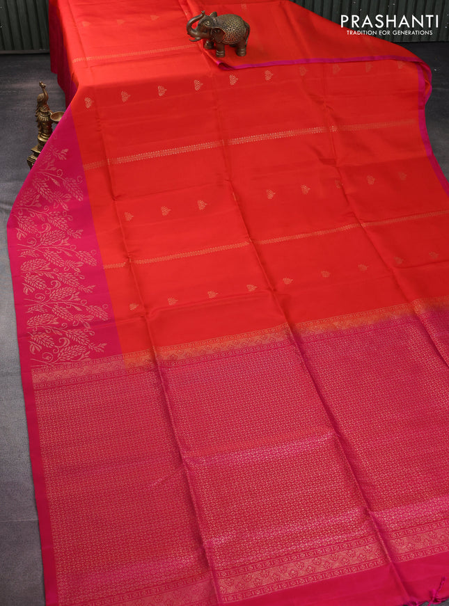 Pure soft silk saree orange and pink with zari woven buttas and rich zari woven border