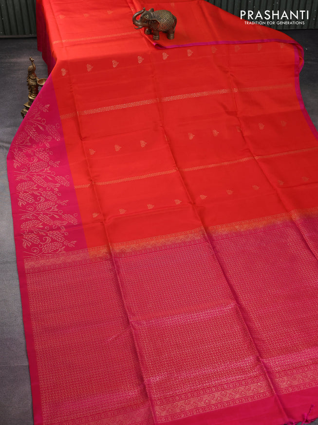 Pure soft silk saree orange and pink with zari woven buttas and rich zari woven border
