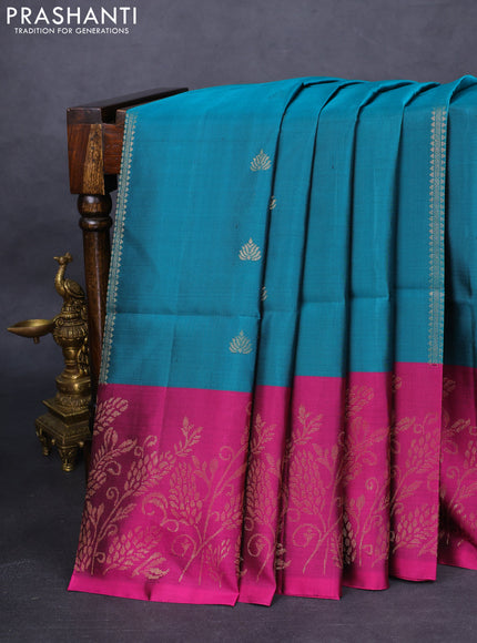 Pure soft silk saree peacock green and magenta pink with zari woven buttas and rich zari woven border