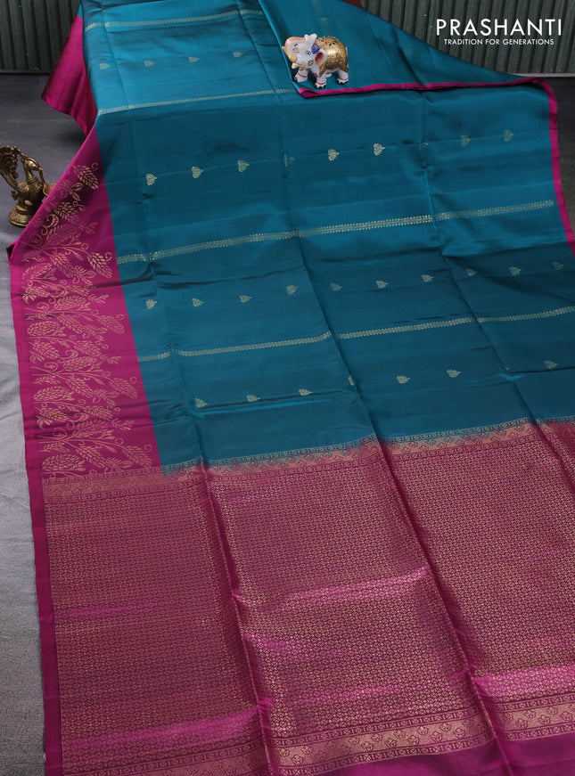 Pure soft silk saree peacock green and magenta pink with zari woven buttas and rich zari woven border