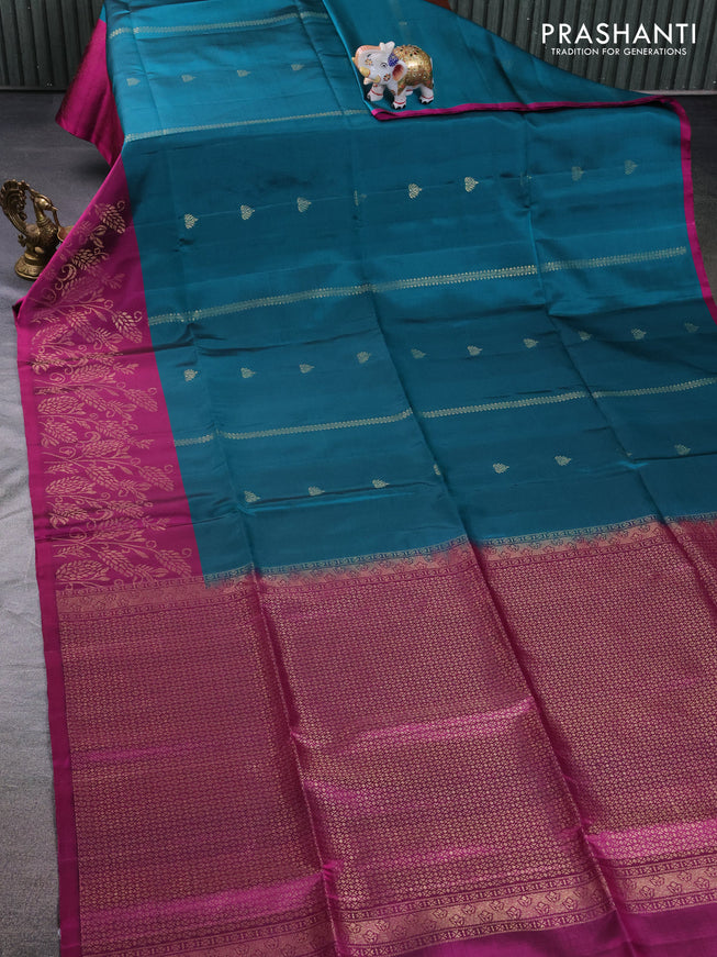 Pure soft silk saree peacock green and magenta pink with zari woven buttas and rich zari woven border