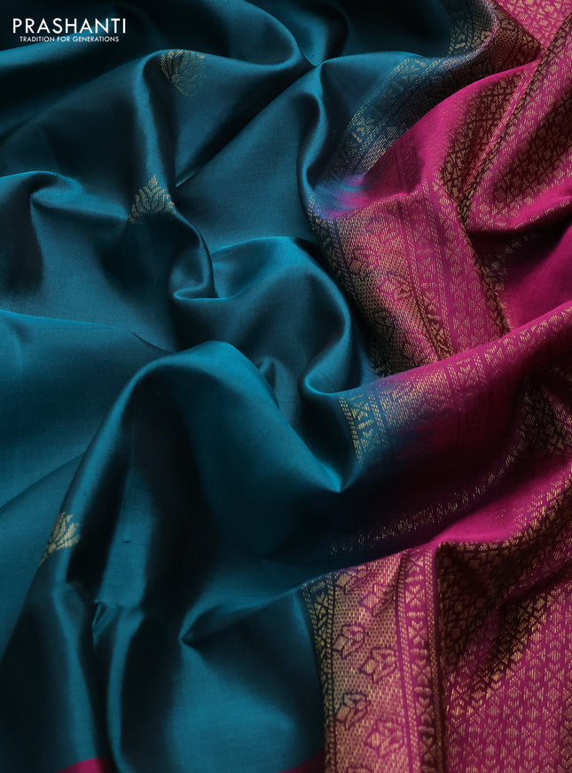 Pure soft silk saree peacock green and magenta pink with zari woven buttas and rich zari woven border