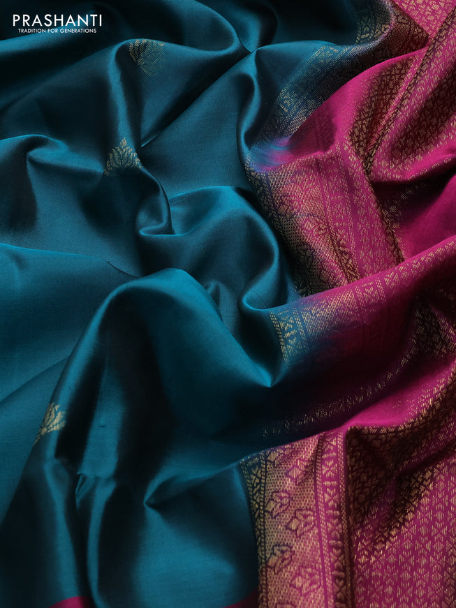 Pure soft silk saree peacock green and magenta pink with zari woven buttas and rich zari woven border
