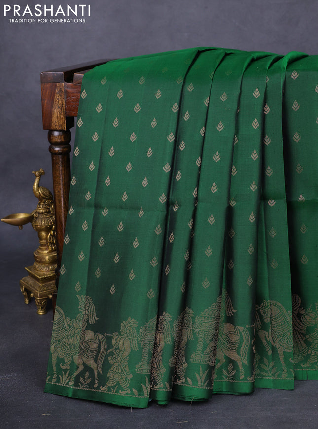 Pure soft silk saree green with allover zari woven buttas and rich zari woven border