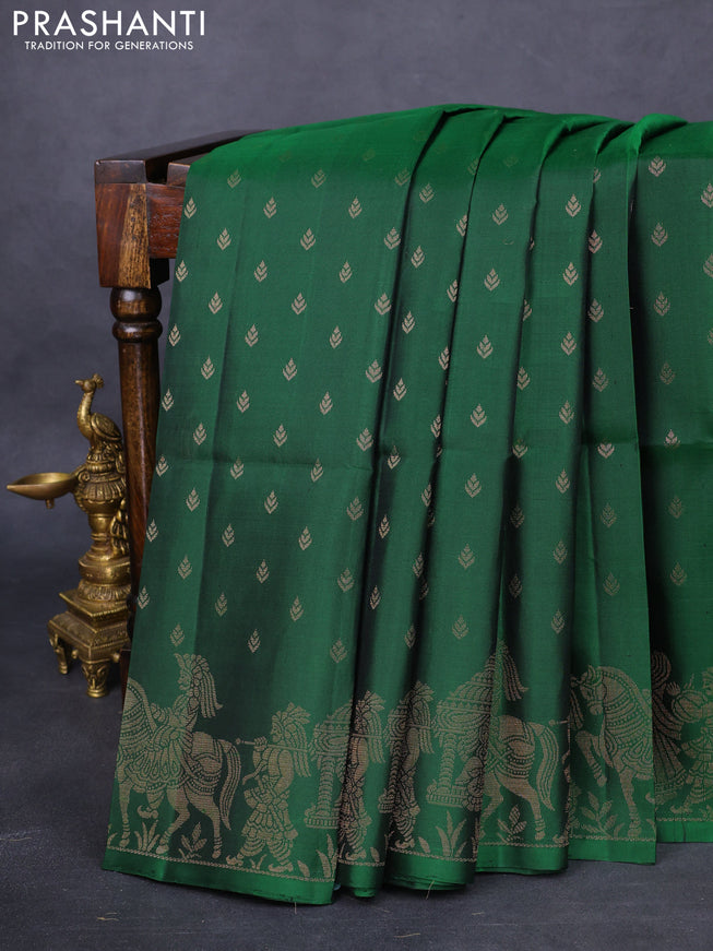 Pure soft silk saree green with allover zari woven buttas and rich zari woven border