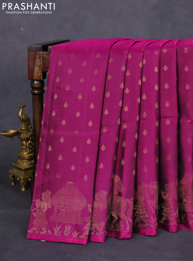 Pure soft silk saree dark magenta pink with allover zari woven buttas and rich zari woven border