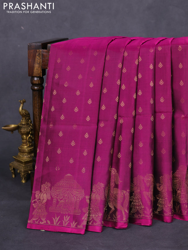 Pure soft silk saree dark magenta pink with allover zari woven buttas and rich zari woven border