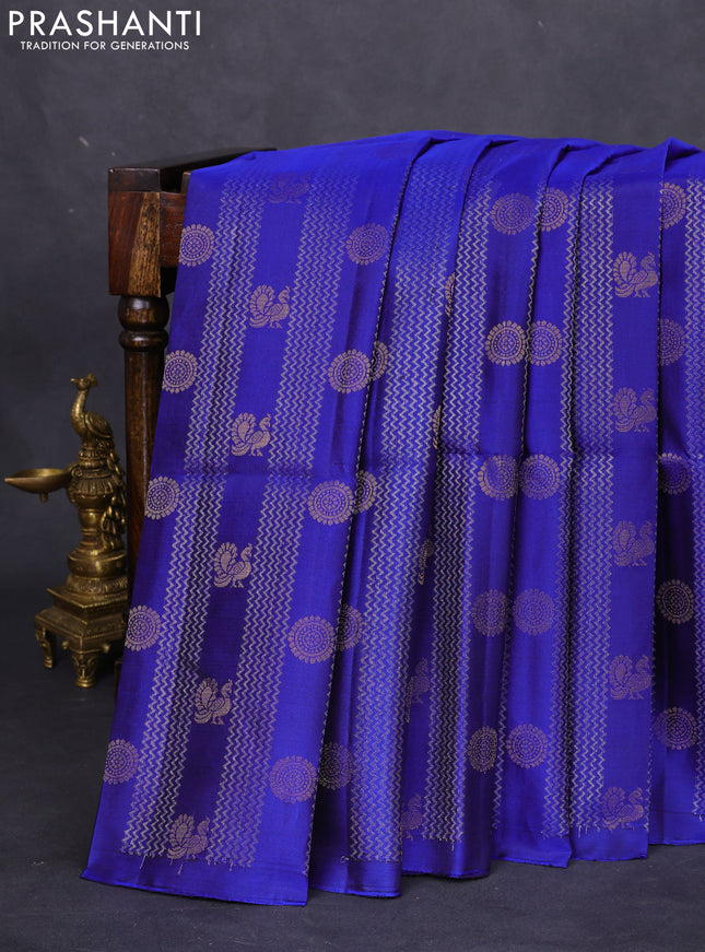 Pure soft silk saree blue with allover zari weaves & annam buttas in borderless style
