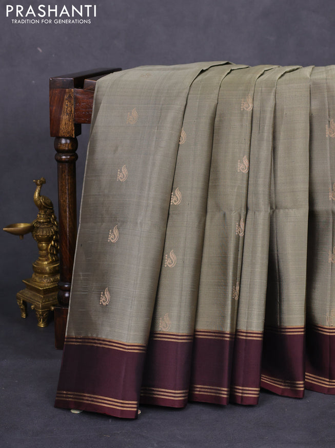 Pure soft silk saree grey and brown with allover zari woven buttas and rettapet zari woven border