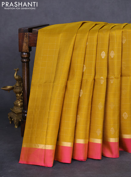 Pure soft silk saree mustard shade and dual shade of pink with allover zari checks & buttas and zari woven simple border