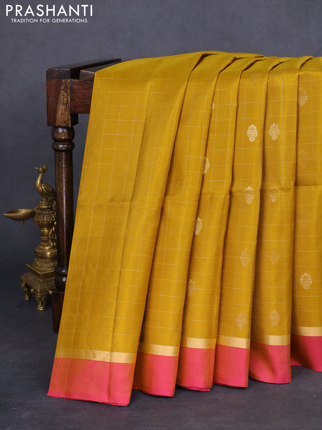 Pure soft silk saree mustard shade and dual shade of pink with allover zari checks & buttas and zari woven simple border