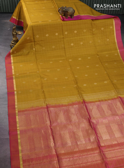 Pure soft silk saree mustard shade and dual shade of pink with allover zari checks & buttas and zari woven simple border