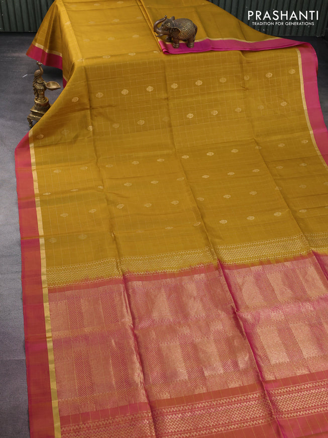 Pure soft silk saree mustard shade and dual shade of pink with allover zari checks & buttas and zari woven simple border