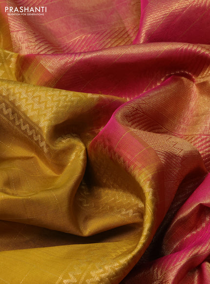 Pure soft silk saree mustard shade and dual shade of pink with allover zari checks & buttas and zari woven simple border